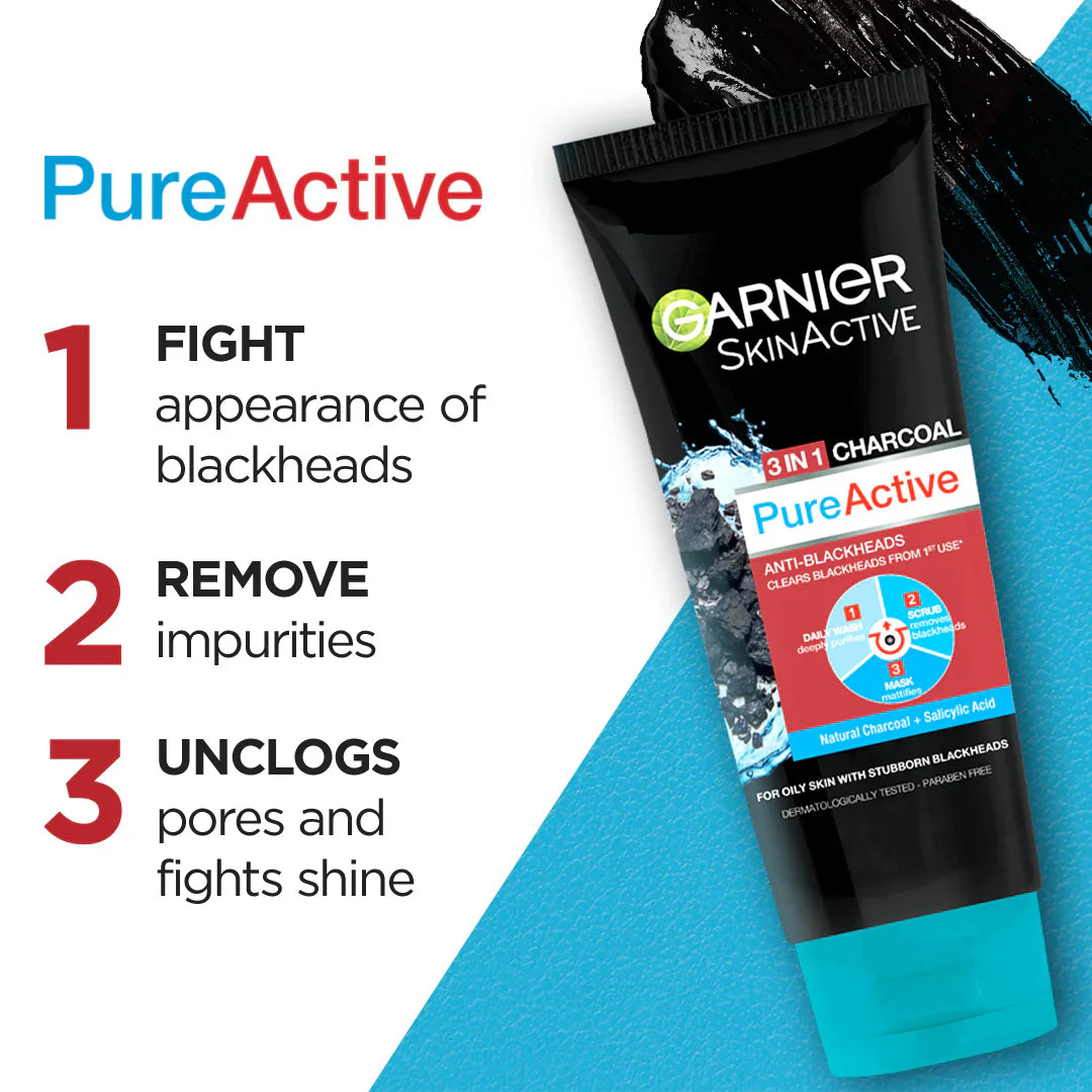 GARNIER PURE ACTIVE 3IN1 CHARCOAL FACEWASH-100ML