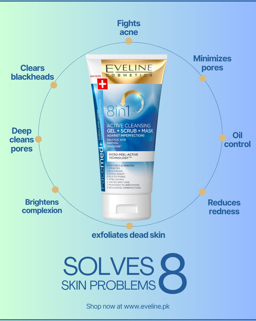 EVELINE Facemed+ 8in1 Active Cleansing Gel + Scrub + Mask 150ML