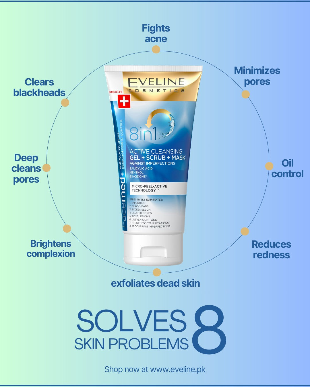 EVELINE Facemed+ 8in1 Active Cleansing Gel + Scrub + Mask 150ML